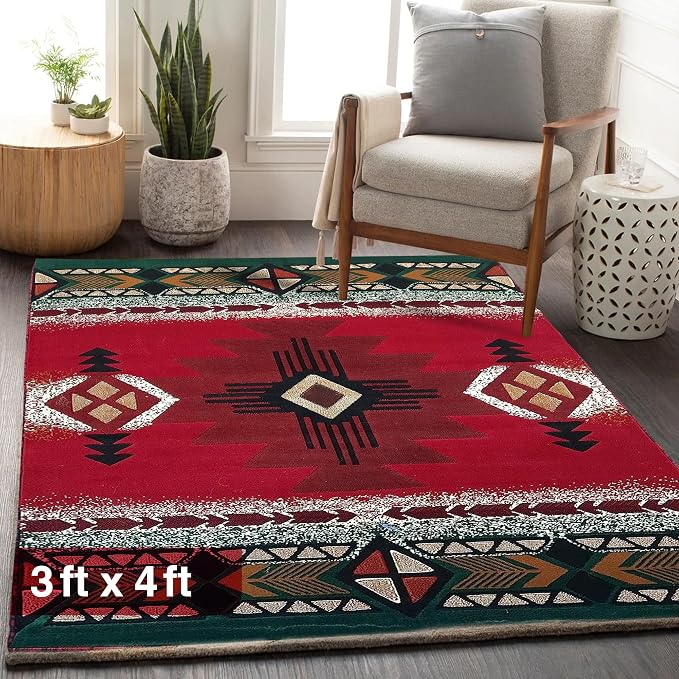 YHSF South West Native American Area Rug C318 - Easy Clean, Thick, Soft, Durable Native Tribal American Indian Inspired Rug for Bedroom/Living Room and More - Red, 3 Feet x 4 Feet 7 Inches