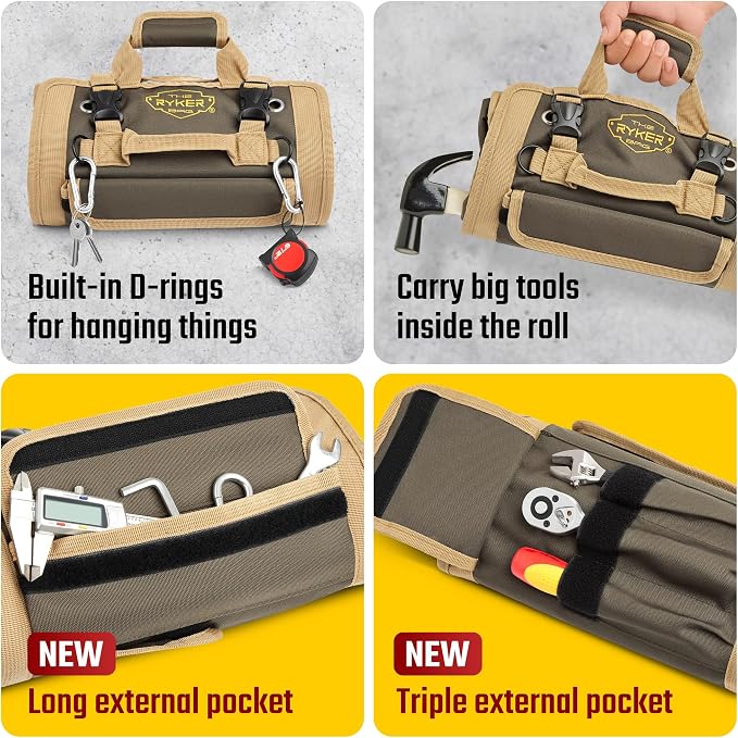 The Ryker Bag Tool Roll Organizer with Detachable Pockets – Heavy Duty Roll-Up ToolBag for Mechanics, Electricians, Plumbers, Contractors, Garage & Job Site Use Gift for Dads (AP-TR)