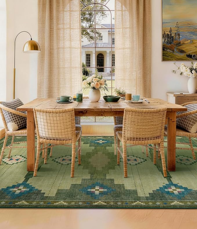 9’x12’ Washable Green Mid Century Modern Area Rug for Living Room | Soft, Non-Slip, Low Pile, Funky Retro Aztec Large Rug for Bedroom Dining Room Playroom, Green
