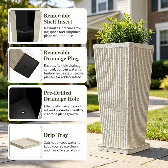 Front Porch Planters Outdoor Set of 2, 24" Tall Plastic Planters for Outdoor Plants with Drainage, Extra Large Outdoor Planter Pots, Tapered Tall Planters for Front Door & Indoor Plants, Beige