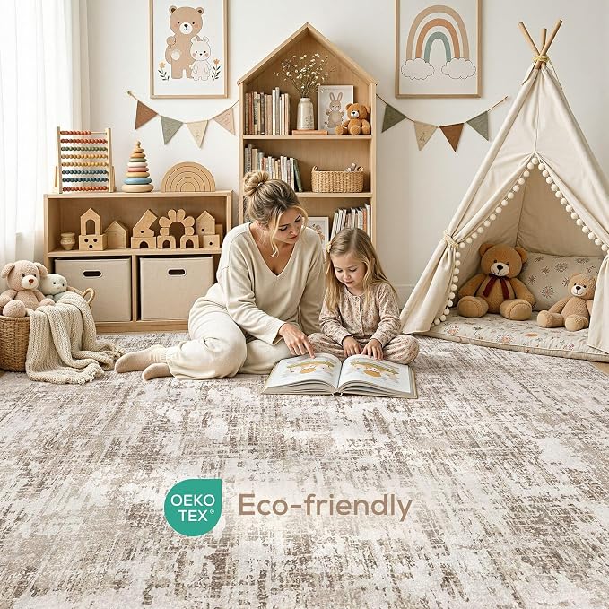 Nakagishi 9X12 Abstract Washable Area Rugs for Living Room-Brown-02 | Modern Non-Slip Silicone Backing Low Pile Soft Carpet for Bedroom Dining Decor Ideal for Families with Kids and Pets