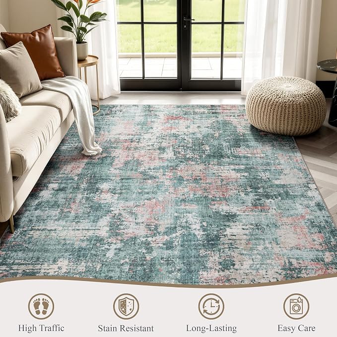 Sasttie 10x14 Washable Area Rug, Modern Abstract Large Carpet, Pink & Green | OEKO-TEX Certified, Ultra-Soft Faux Wool, Low Pile, Non-Slip, Lightweight, Thin, for Living Room, Bedroom, Dinning Room
