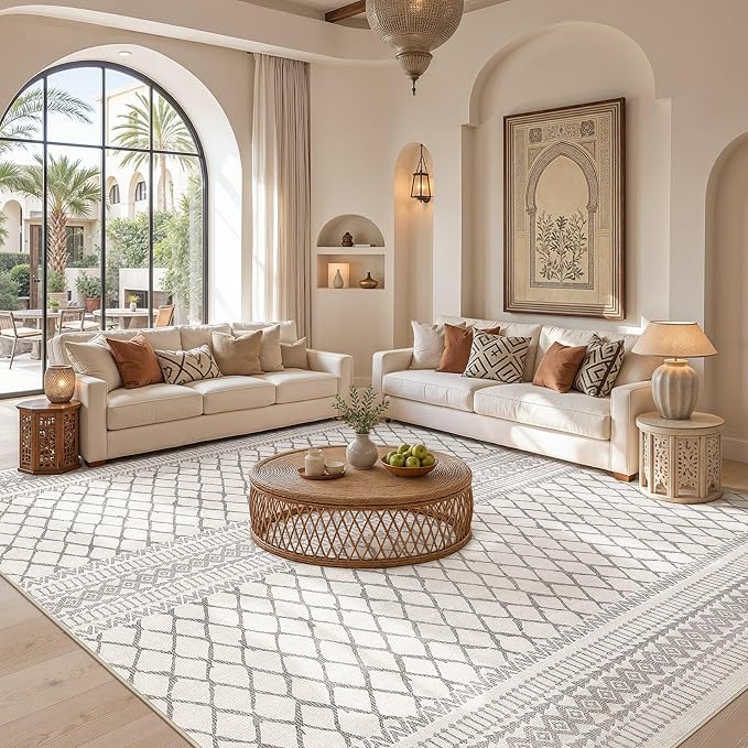 cotiled Boho 10x14 Area Rug for Living Room: Large Moroccan Washable Rug | Solve Modern Neutral Trendy Home Decor - Stain Resistan Carpet for Bedroom Farmhouse Beige Gray