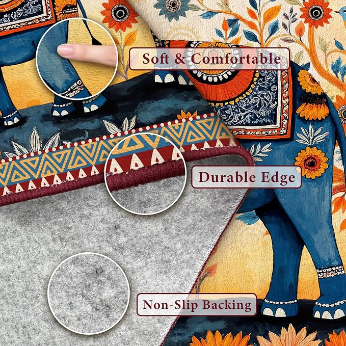 Boho Elephant Family Area Rug, 5x7ft Vintage Floral Mandala Tribal Pattern TPE Backing Non-Slip Washable Carpet, Bohemian Ethnic Floor Mat for Living Room Bedroom Entryway Farmhouse Home Decor