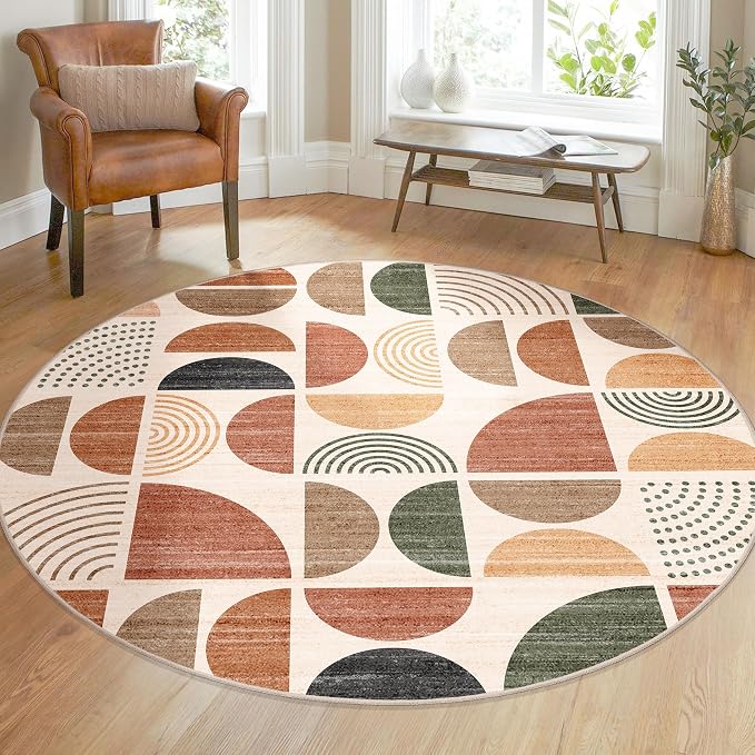 Round Rugs 5ft,Circle Area Rug Washable Non Slip Modern Abstract Boho | Circular Rugs for Bedroom Living Room Dining Room Throw Carpet Soft Low Pile Floor Indoor Bohemian Terracotta