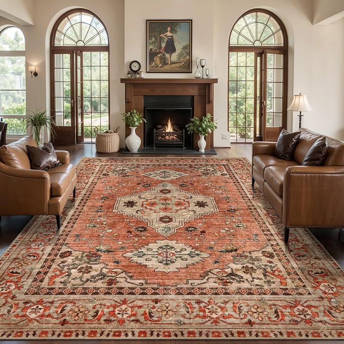 Tangsoo Boho 5x7 Washable Area Rugs for Living Room, Non Slip Indoor Rug | Oriental Large Area Rug, Vintage Print Terracotta Carpet, Soft Low Pile Rug Foldable Floor Rugs for Bedroom Dining Room Dorm