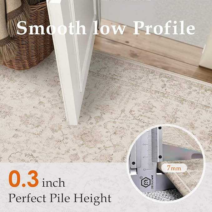 2x8 Beige Neutral Kitchen Runner Rug | Washable, Low Pile, Accent, Vintage, Soft, Non Slip, Carpet for Bathroom Hallway Bedroom Nursery Indoor Home Decor