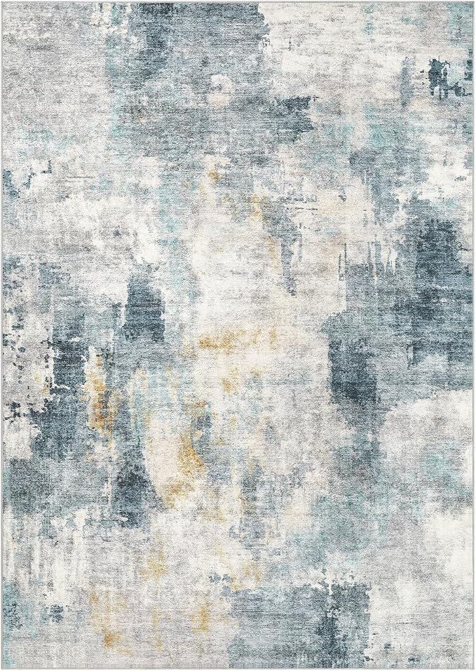 Tortania Washable 10x14 Area Rug for Living Room: Modern Abstract Neutral Large Soft Thin Rugs - Non Slip Indoor Carpet for Bedroom Dining Room Office Nursery Home Floor Decoration - Blue