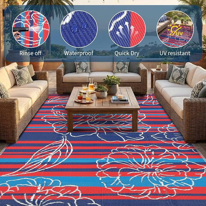 Garvee 9x12 Outdoor Waterproof Rug, Floral Outdoor Area Rug，Reversible Plastic Straw Patio Rug, Portable Camping Mat for RV, Picnic, Beach, Balcony, Garden & Camping Red&Navy