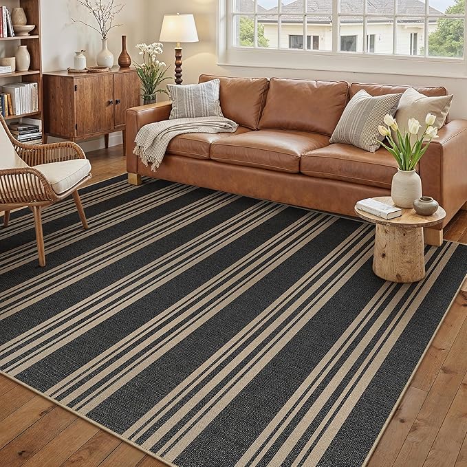 PureCozy Striped Easy Jute Rug 5x7 Black Living Room Carpet Washable Non Slip Bedroom Office Rug Farmhouse Neutral Non Shedding Indoor Outdoor Large Carpet for Kitchen Dining Room