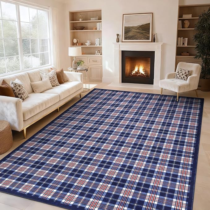 GarveeHome Checkered Area Rugs 9x12 for Living Room, Machine Washable Non Slip Backing Rug, Low-Pile Stain Resistant Indoor Carpet for Bedroom Dining Room Office Nursery Floor Decor Blue