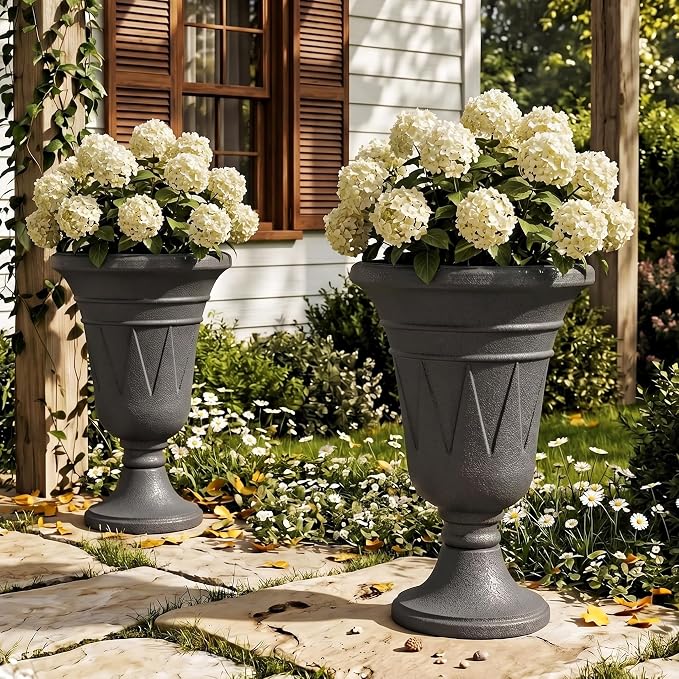 Tall Urn Planters for Outdoor Plants Set of 2-23.6" H Vintage Trophy Design Outdoor Planters for Porch Decor with Drainage Hole, Indoor Large Flower Pots, Pedestal Planter/Garden Vase, Gray