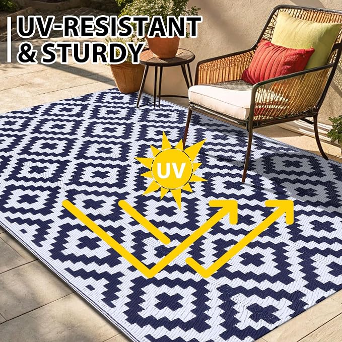 Smiry Waterproof Outdoor Rug 9x12 ft, Reversible Plastic Straw Patio Camping Rugs, Outdoor Indoor RV Mat Carpet for Patio, Outside Entry, Backyard, Deck, Bench, Picnic, Camper, White & Navy