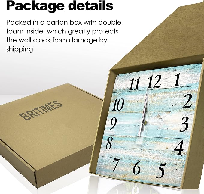 Britimes Square Wall Clock Silent Non-Ticking Battery Operated Clock 12 Inch, Vintage Beach Wood Old Blue Home Decor for Living Room, Kitchen, Bedroom, and Office