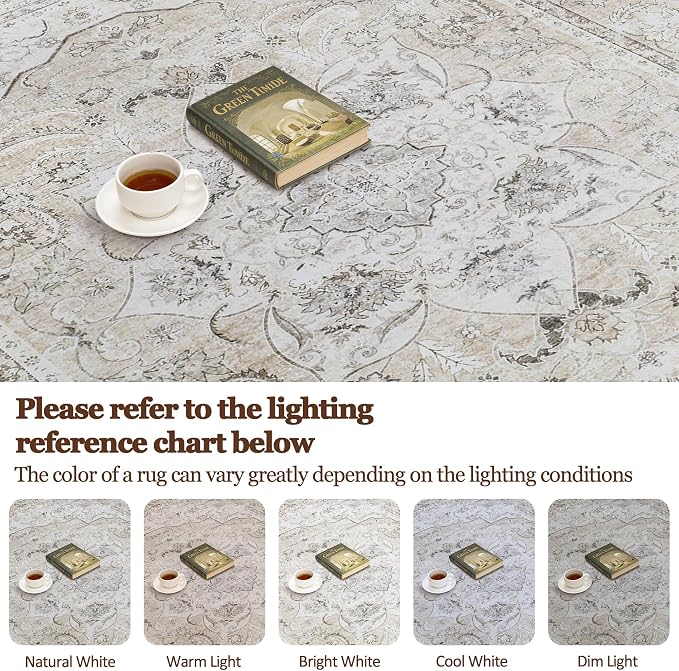 5x7 Washable Area Rugs for Bedroom Beige White Non-Slip Rug | Vintage Medallion Rug，Soft Low Pile Large Rugs，Indoor Retro Carpet for Bedroom Nursery Dining Table Farmhouse Home Office
