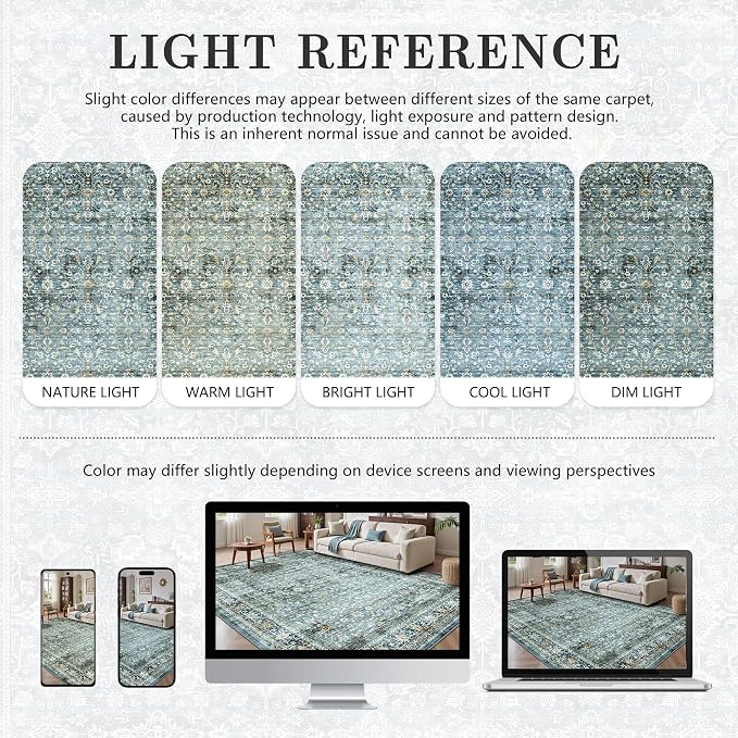 8x10 Area Rugs for Living Room - Washable Vintage Retro Large Rug, Soft Ultra Thin Non Slip Low Pile Traditional Distressed Boho Carpet for Bedroom Dining Room Home Office, Blue