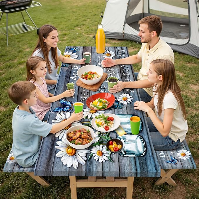 Picnic Table Cover with Bench Covers Elastic,Fitted Table Cloths for Rectangle Tables 6 Foot Washable,Waterproof Tablecloth for Outdoor Camping Essentials Accessories(6 Foot,Vintage Daisy