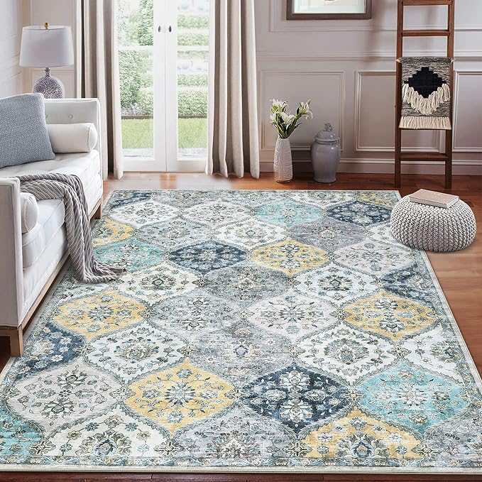 ROYHOME 9x12 Area Rug Large Moroccan Machine Washable Rug, Blue/Yellow | Vintage Medallion Distressed Trellis Accent Rug Stain Resistant Non-Slip Floor Cover Carpet for Living Room Bedroom
