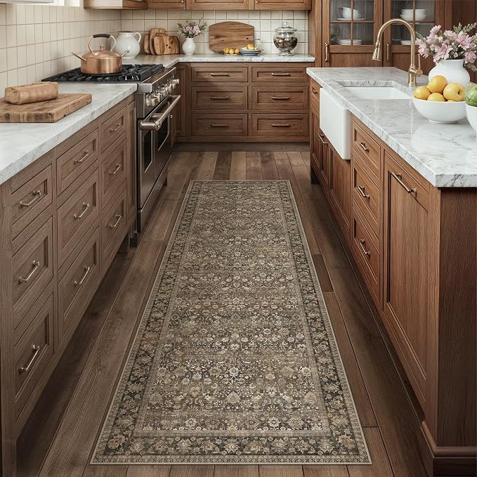 HUGEAR 2x10 Runner Rug Machine Washable Brown Hallway Area Rug Indoor Accent Rug Floral Low Pile Carpet Soft Throw Rug Bedroom Living Room Office Dining Room Kitchen Laundry Room Non Slip