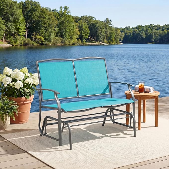 Tangkula 2-Person Patio Swing Glider Bench, Outdoor Rocker Glider Loveseat Chair W/Heavy-Duty Steel Frame, Breathable Seat Fabric, Rocking Lounge Chair for Poolside, Garden, Backyard (Turquoise)