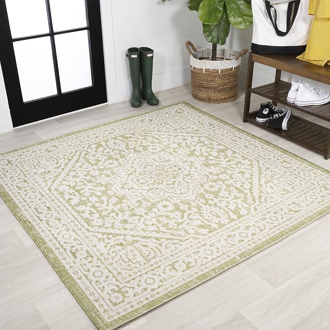 JONATHAN Y Medallion Weave Indoor Outdoor Square Area Rug 5X5 Green/Cream, Sinjuri Textured for Backyard, Patio, Porch, Easy-Cleaning, High Traffic, Pet-Friendly, Non-Shedding (SMB101E-5SQ)