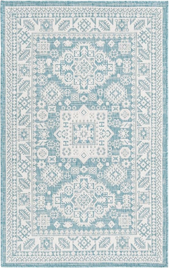 Unique Loom Outdoor Aztec Collection Area Rug - Chalca (3' 3" x 5' 3" Rectangle, Aqua/ Ivory)