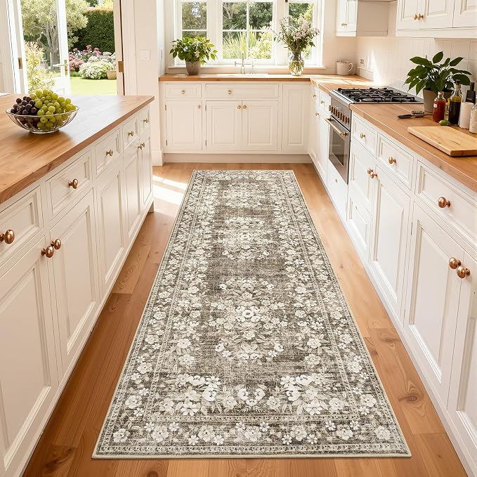 GarveeHome 2x8 Runner Rug for Bathroom Leaf Flower Low Pile Long Runners | Machine Washable Vintage Distressed Throw Rug for Laundry Room Non-Slip Beige Floral Area Rug for Hallway Kitchen Porch