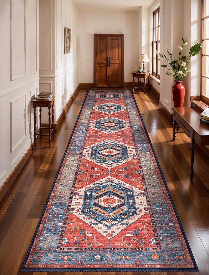SERISSA 3x14 Washable Non Slip Boho Runner Rug for Hallway，Rust | Ultra Soft Vintage Oriental Carpet Low-Pile Extra Long Tribal Floor Carpet for Stair Kitchen Bedroom Bathroom Laundry Room