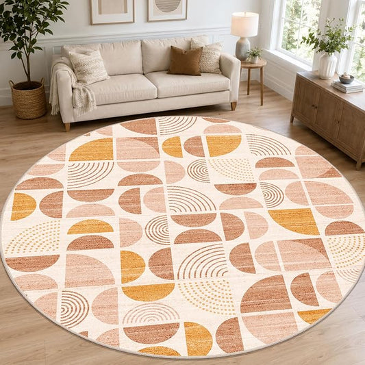Round Rugs 9ft,Circle Area Rug Washable Non Slip Modern Abstract | Circular Rugs for Living Room Dining Room Boho Large Throw Carpet Soft Low Pile Floor Indoor Bohemian Orange