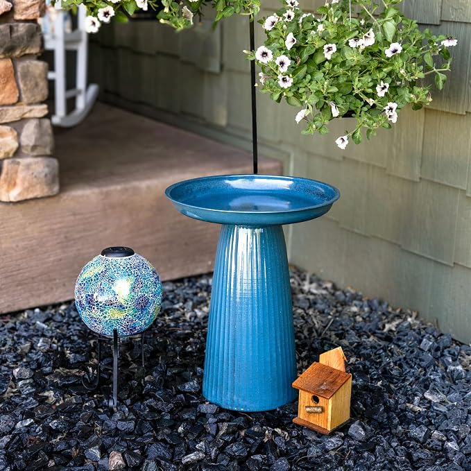 Sunnydaze Gleeful Garden 23" Iron Pedestal Bird Bath for Outside - Modern Shallow Basin Birdbath for Outdoors with UV-Protected Rust-Resistant Finish for Patio, Garden, Yard Decor - Blue Glaze