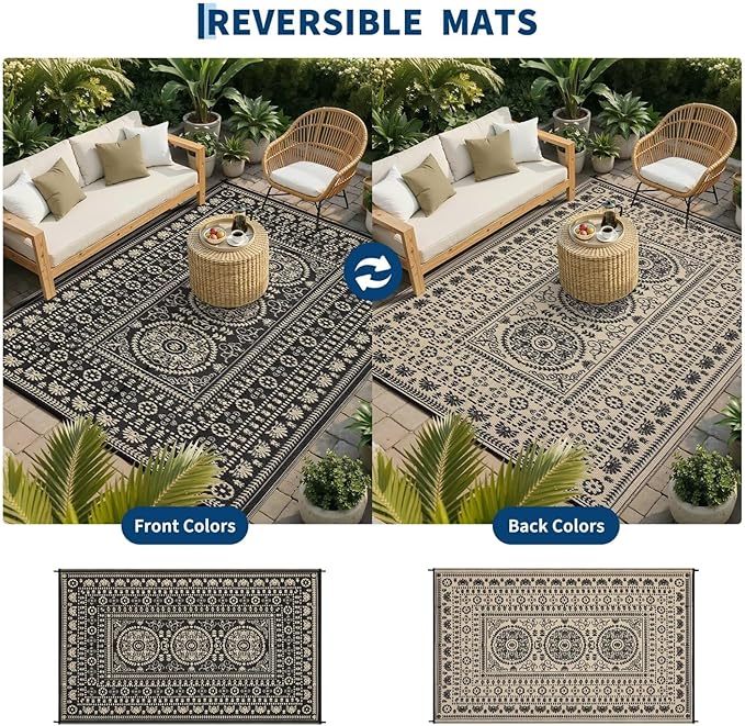 Garvee Reversible Outdoor Rug 6x9 for Patio, Waterproof Outdoor Area Rug, Modern Medallion Indoor Outdoor Rugs, Plastic Straw Rug for RV, Camping, Deck, Vintage Brown