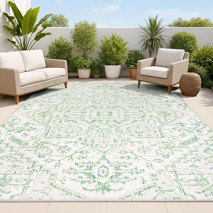 JONATHAN Y Boho Medallion Indoor Outdoor Area Rug 4X6 Green/Cream, Estrella Textured Weave for Backyard, Patio, Porch, Easy-Cleaning, High Traffic, Pet-Friendly, Non-Shedding (SMB105G-4)