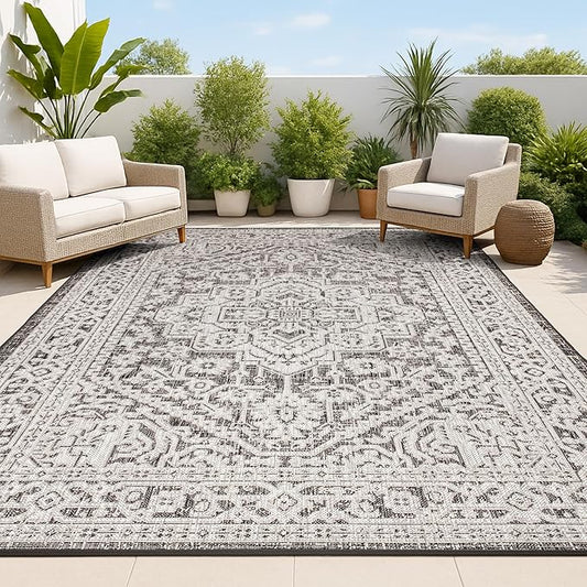 JONATHAN Y Medallion Weave Indoor Outdoor Area Rug 6X9 Gray/Black, Sinjuri Textured for Backyard, Patio, Porch, Easy-Cleaning, High Traffic, Pet-Friendly, Non-Shedding (SMB101D-6)