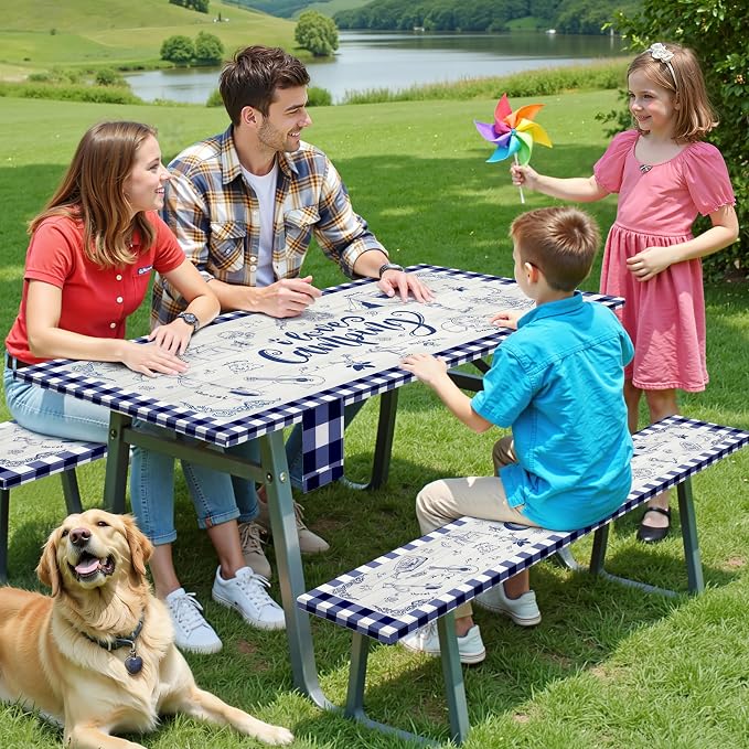 Picnic Table Cover with Bench Covers Elastic,Fitted Table Cloths for Rectangle Tables 6 Foot Washable,Waterproof Tablecloth for Outdoor Camping Essentials (Blue Checked, 6 Foot)