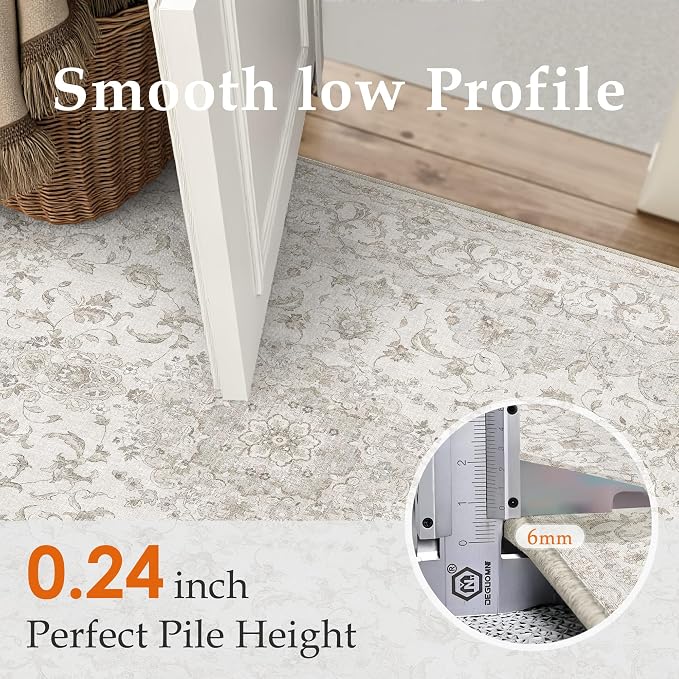 3x5 Entryway Area Rug Vintage Beige Small Rug Machine Washable Door Mat Neutral Floral Low Pile Carpet Vacuumable Thin Throw Rug Entrance Kitchen Bedroom Bathroom Non Slip Lightweight
