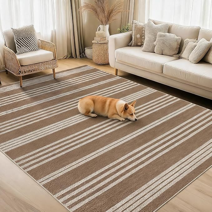 Garvee 5x7 Area Rugs Easy Jute Washable Rugs Living Room, Brown | Modern Line Print Area Rug Stain Resistant Easy Cleaning Throw Rugs Non Shedding Low Pile Floor Cover for Nursery Dining Room