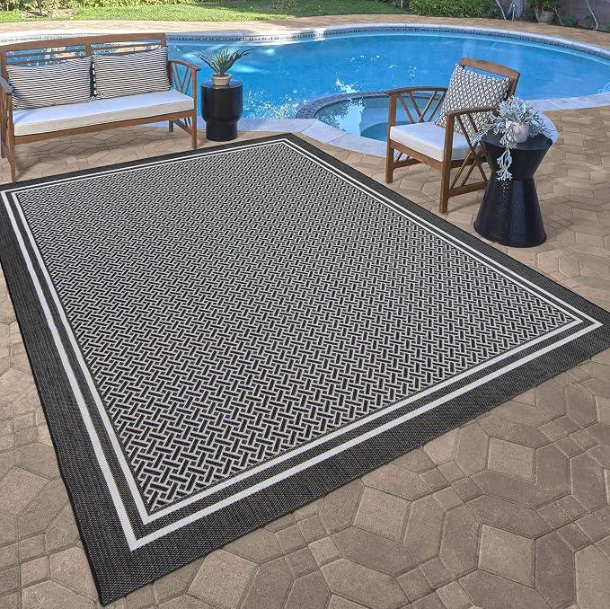 Gertmenian Indoor/Outdoor Flatweave Area Rug - 8x10 Large, Stain & UV Resistant, Ideal for Deck, Patio, Poolside, Mudroom - Border, Black and White, 22257
