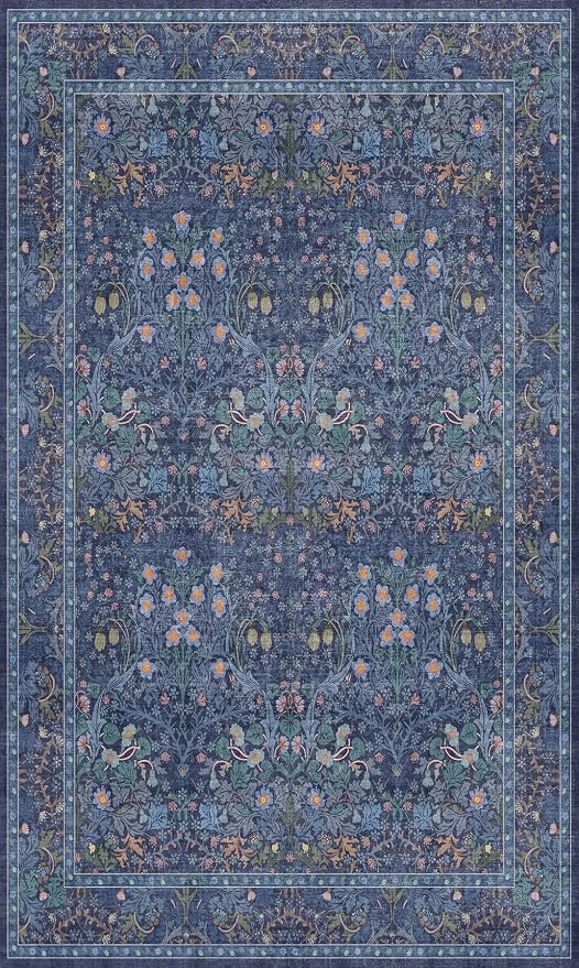 Vintage Dark Blue 3x5 Area Rugs for Entryway, Bedroom Beside Rug, Kitchen, Laundry Room, Non-Slip Low Pile Ultra Soft Stain Resistant Small Floral Carpet - Boho Plant Dusky Navy Decor