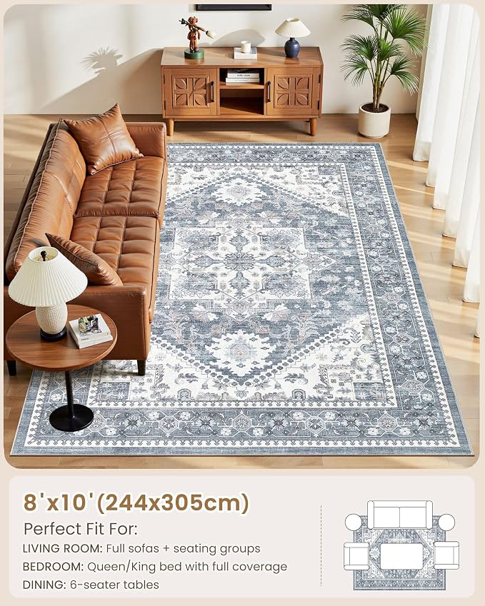Washable Area Rug-8X10 Vintage Neutral Soft Blue | Non Slip Thin Foldable Large Floor Carpet for Living Room Bedroom Kitchen Dining Room Home Office Farmhouse Indoor