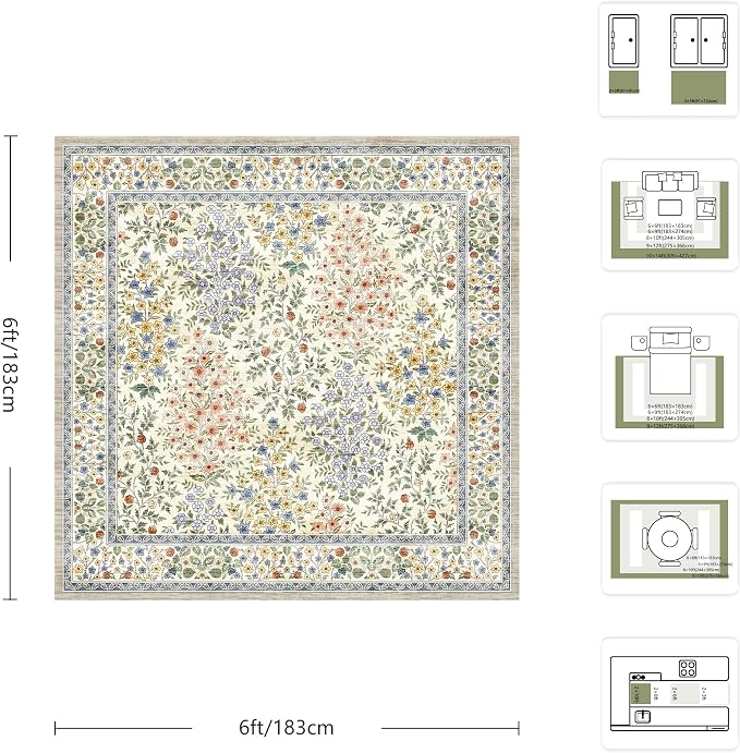 6x6 Square Area Rugs, Machine Washable Low Pile Floral Rugs for Living Room, Bedroom, Large Boho Area Rug with Non-Slip Backing for Dining Room(Beige Floral)