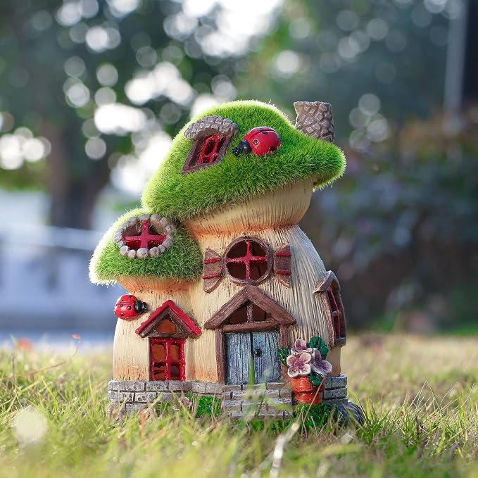 TERESA'S COLLECTIONS Mushroom Garden Statues with Outdoor Solar Light, Green Flocked Christmas Decorations for Home, Resin Fairy House Accessories Outdoor Decor Yard Thanksgiving Gifts for Mom, 8“
