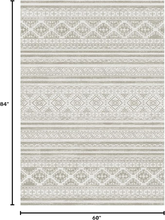 Washable Area Rugs 5' x 7' - 1/6 Thick - Moroccan-Inspired -Stain & Water Resistant Non-Slip - Resistant Rug for Living Room, Bedroom, Nursery, Pet & Child Friendly (Grey)
