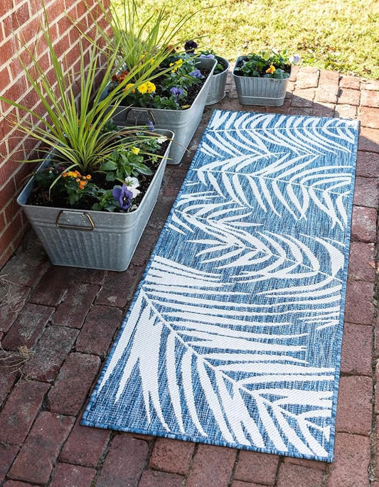 Unique Loom Outdoor Botanical Collection Area Rug - Palm (2' x 6' 1" Runner, Blue/ Navy Blue)