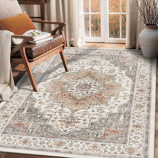 4x6 Vintage Area Rugs for Indoor Entrance Non-Slip Washable Rug | Ultra Soft, Low Pile, Lightweight Carpet, Stain Resistant Rug, Retro Distressed, for Living Room, Bedroom, Playroom, Office