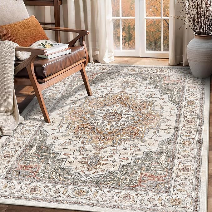 3x5 Vintage Area Rugs for Indoor Entrance Non-Slip Washable Rug | Ultra Soft Low Pile Lightweight Carpet Stain Resistant Rugs Retro Distressed for Living Room Bedroom Playroom Home Office