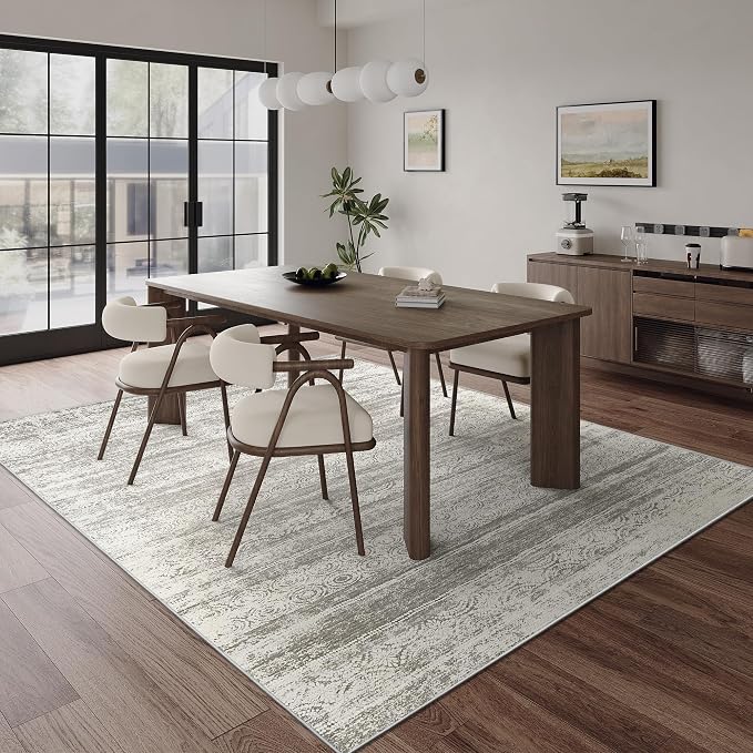 Miukiki 5x7 Washable Area Rug for Living Room, Soft Non Slip Rug Grey | Non-Slip Thin Throw Rug for Bedroom Kitchern Dining Room Office, Low Pile Indoor Floor Carpet with Vintage Pattern 5'x7'