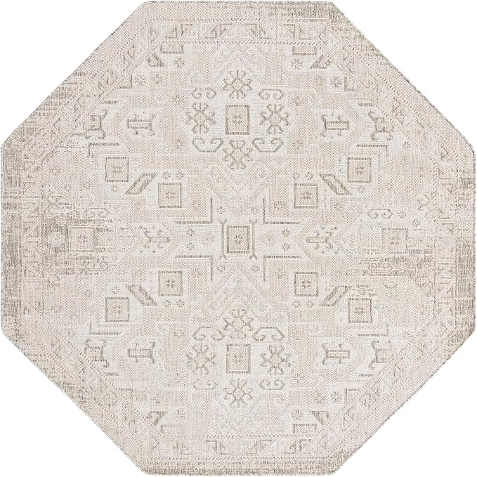 Unique Loom Outdoor Aztec Collection Area Rug - Coba (7' 10" Octagon, Light Gray/ Ivory)