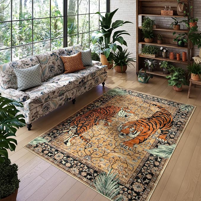 Moynesa Tiger 5x7 Area Rugs, Boho Washable Rugs for Living Room, Vintage Soft Dining Room Rug, Non Slip Ultra Thin Stain Resistant Large Floor Carpet for Office Bedroom, Camel