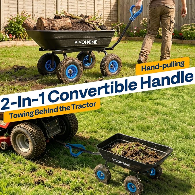VIVOHOME 660lbs Wheelbarrow Dump Garden Cart with 2-in-1 Convertible Handle | Attach to ATV or Tractor, 10" All Terrain Wheels, Heavy Duty Utility Trailer for Yard