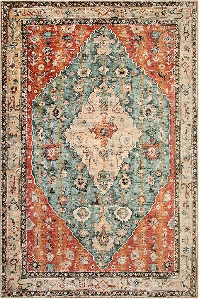 Lahome Felice Boho Tribal 4x6 Washable Rugs for Bedroom, Soft Non-Slip Area Rugs for Living Room, Vintage Oriental Indoor Accent Kitchen Carpet for Dining Room Nursery Camper (Rust/Dull Teal,4x6ft)
